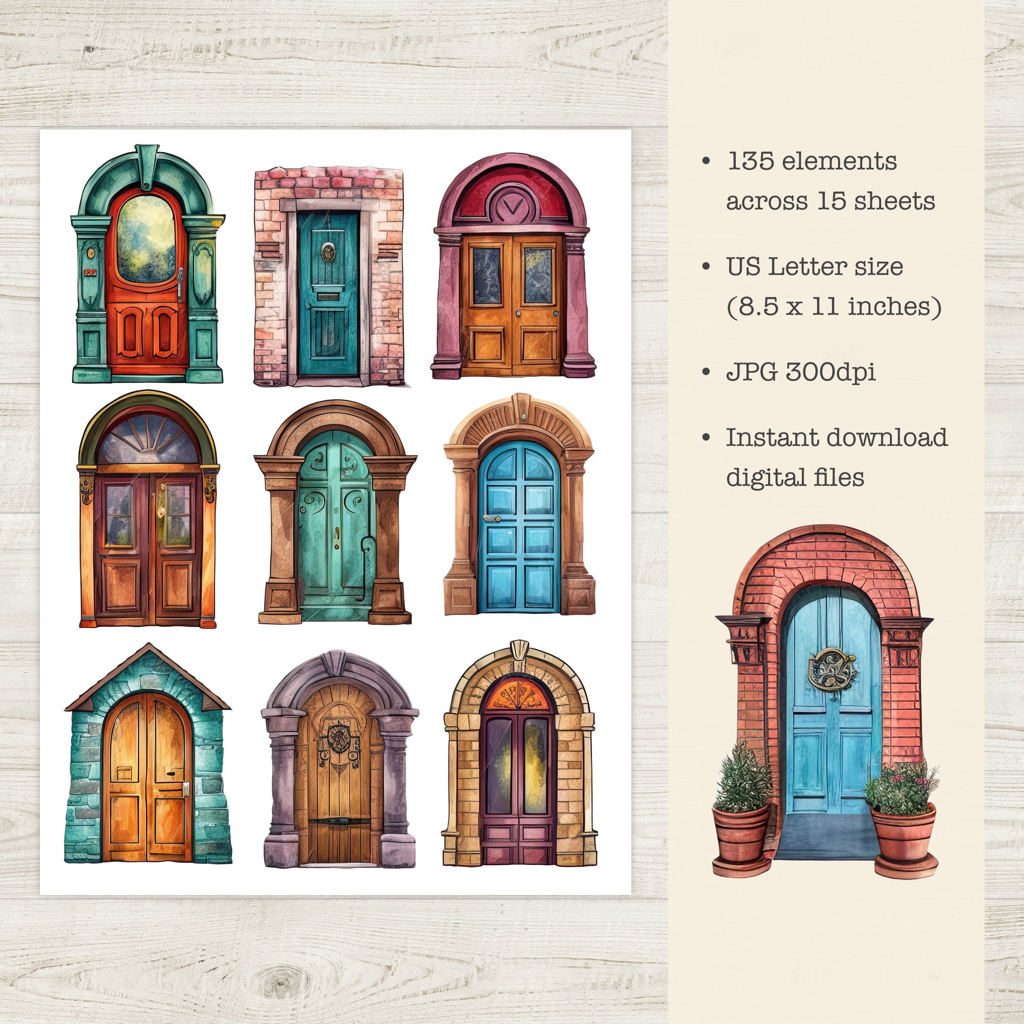 Doors Fussy Cuts, Colorful Vintage Doors, Junk Journal Printable ...