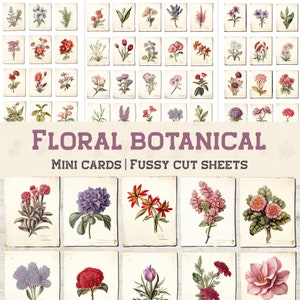 Floral Botanical Fussy Cut Sheets, Mini cards, Junk journal printable, Retro, Decorative elements, Flowers, Vintage cards, Embellishment