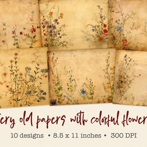 Très vieux papiers avec des fleurs colorées, pages de journal indésirable vintage, papiers numériques antiques, fleurs sauvages pressées, téléchargement immédiat