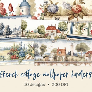 Bordi carta da parati cottage francese - 10 disegni, Junk Journal stampabile, Vintage, acquerello, floreale, stile country Ephemera Download istantaneo