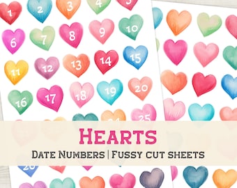 Hearts Date Numbers (1-31) | Printable stickers for bujo and planners, bullet journal, calendar days, number tags, love, fussy cut sheet