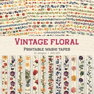 Afdrukbare bloemenwashi tape - 51 ontwerpen, Junk Journal Printables, Faux Washi Strips, Vintage, Retro, Bloem, Botanisch, Instant Download