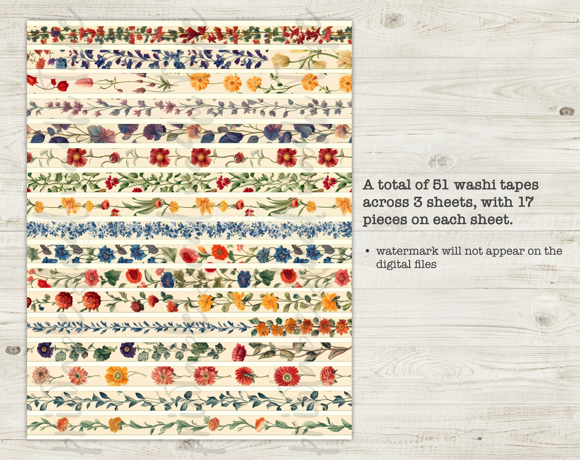 Printable Floral Washi Tape - 51 Designs, Junk Journal Printables, Faux ...