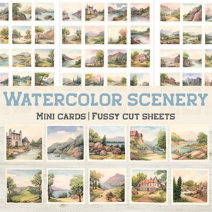 Watercolor Scenery Fussy Cut Sheets, Mini cards, Junk journal printable, Retro, Decorative elements, Vintage cards, Embellishment, Landscape