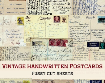 May include: A collage of vintage handwritten postcards with various designs and text. The postcards are in different colors and feature images of a castle, a bird, and a bell. The text on the postcards includes addresses, dates, and messages.