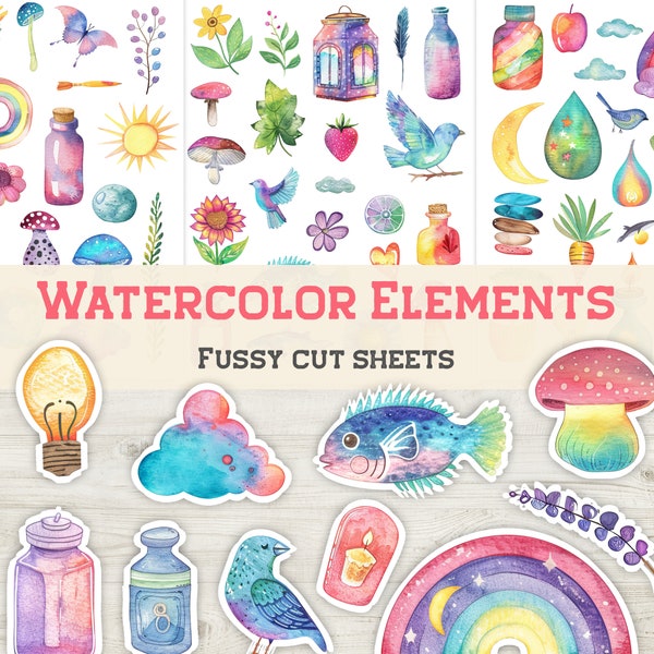 Watercolor Elements Fussy Cut Sheets, Ephemera for Journals & scrapbooks, Printable Elements, Junk Journal Kit, Illustrations, Found Objects