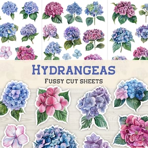 Hortensias Fussy Cut Sheets, Efímera para revistas y álbumes de recortes, Florales digitales, Flores imprimibles, Diario de efímeras florales, Botánico