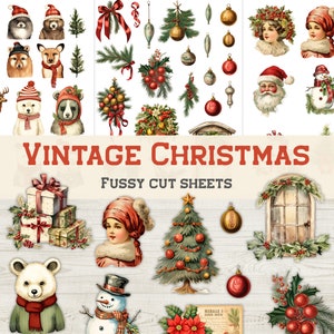 Vintage Christmas Fussy Cut Sheets, Scrapbooking, Junk journal do druku, Elementy dekoracyjne, Tworzenie kartek, Upiększanie, Okres świąteczny