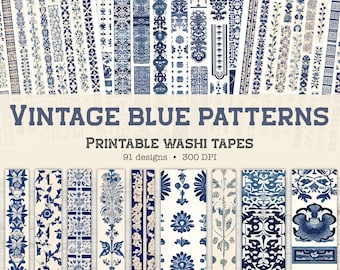 Vintage blue patterns washi tape - 91 designs, Journal Printables, Faux Washi Strips, Lace, Digital Embellishment, Floral, Instant Download