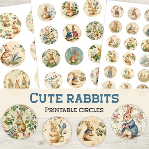 May include: Printable circles featuring cute vintage illustrations of rabbits in various poses and settings. The circles are perfect for crafts, scrapbooking, or adding a touch of whimsy to your projects.