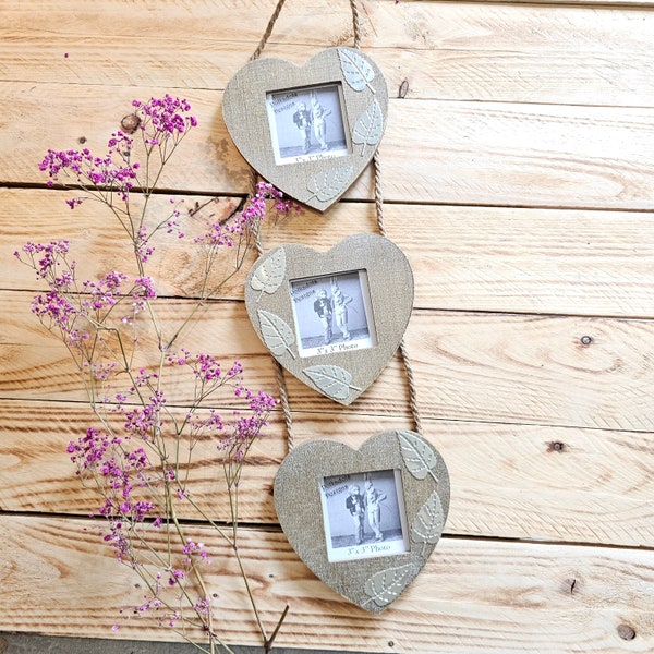 Leaf Triple Heart Botanical Photo Frame, Wooden Rustic Heart Frame, Wall Hanging Boho Leaf Picture Frame 3" x 3" with Silver Pewter Leaves.