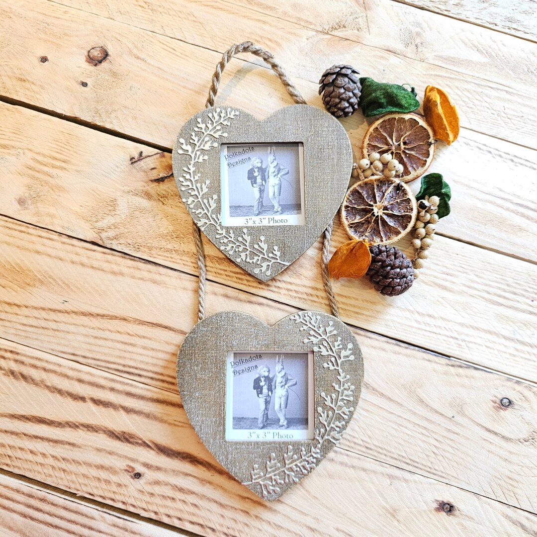 Double Heart Picture Frame Set, Rustic Natural Wood Boho Silver Floral