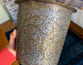 Antique  India- Pakistan antique bronze  container with silver-inlays vase - 19th century or earlier