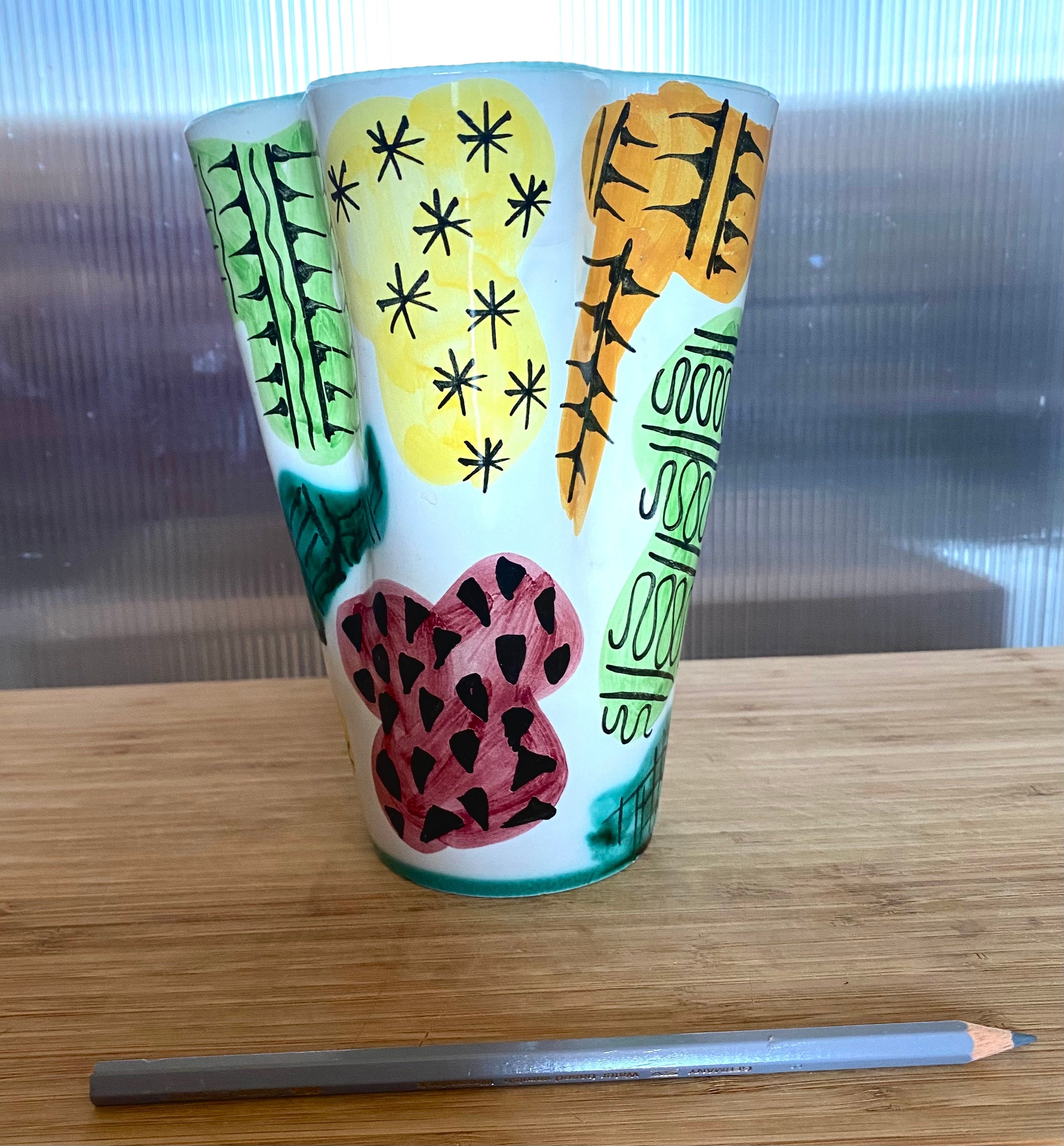 Joli Vase de Collection Vintage Du Milieu Siècle - Italie - Décor Fleurs Inspiré Matisse - Signé-