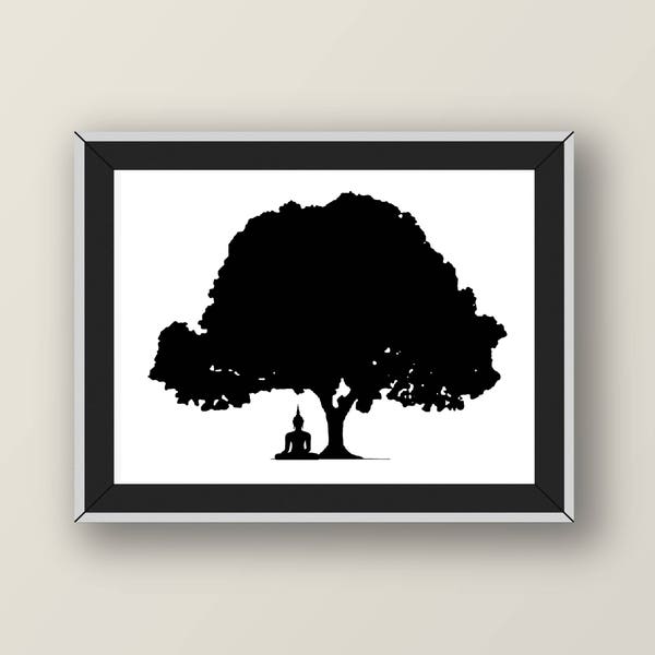 Monochrome wall art of Siddhartha under the Bodhi Tree