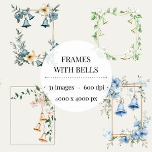 May include: Watercolour illustrations of frames with bells and floral arrangements. The frames are in various shapes, including circles and squares, and are adorned with gold bells, flowers, and greenery. The text "FRAMES WITH BELLS" is in the centre.