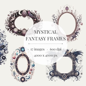 Puede incluir: Conjunto de cinco marcos digitales ornamentados con un tema de fantasía mística. Los marcos están decorados con detalles intrincados, incluyendo estrellas, lunas, flores y otros elementos celestiales. Los marcos están en tonos de azul, dorado y morado.