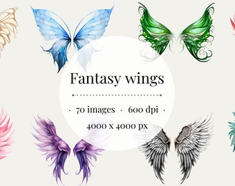 Fantasy Wings Clipart Set, Angel Fairy Dragon (PNG Digital Download)