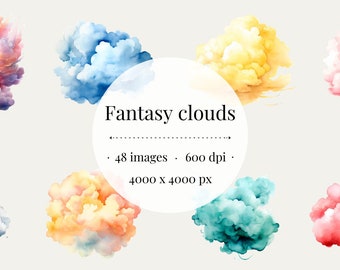 Fantasy Clouds Clipart: Rainbow Colors, Dreamy Nature (Digital Download)