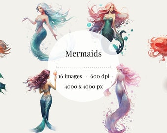 Magical Mermaid Clipart Set, Fantasy Under the Sea (Digital Download)