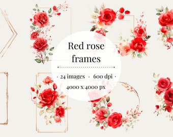 Red Rose Frames Clipart Set, Artful Floral PNG (Digital Download)