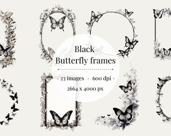 Black Butterfly Frames Clipart, Elegant Line Art Borders (PNG)