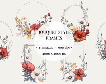 Floral Bouquet Clipart Frames, Vintage Botanical Design (Digital Download)