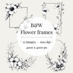 Botanische Schwarzweiß-Blumenrahmen Clipart Vintage-inspirierte Schwarzweiß-Clipart-Rahmen Schöner Blumenstrauß Rahmen Clip Art Rahmen