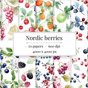 May include: A set of 70 digital paper designs featuring watercolor illustrations of various berries, including blueberries, blackberries, raspberries, and cranberries. The papers are 4000 x 4000 pixels and 600 dpi.