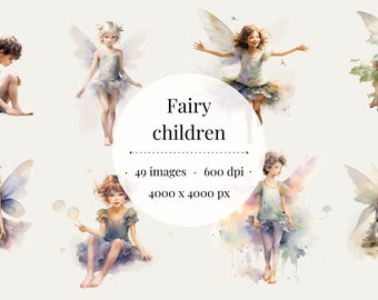 Fairy Children Watercolor Clipart Set, Fantasy PNG Graphics (49 Images)