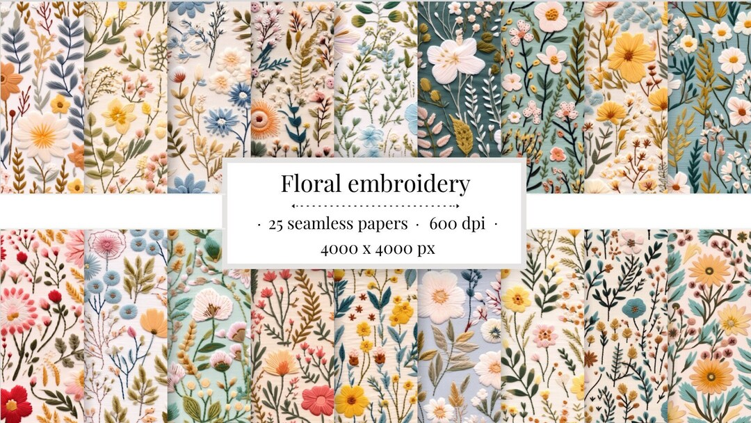 Floral Embroidery Digital Paper Set | Seamless Flower PNG (commercial ...
