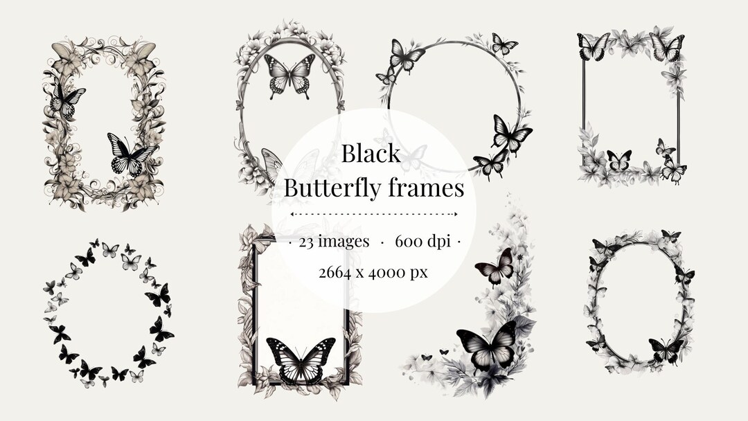 Black Butterfly Frames Clipart, Elegant Line Art Borders (PNG) - Etsy
