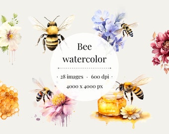 Conjunto de imágenes prediseñadas de abejas en acuarela, tarro de miel vintage (descarga digital PNG)