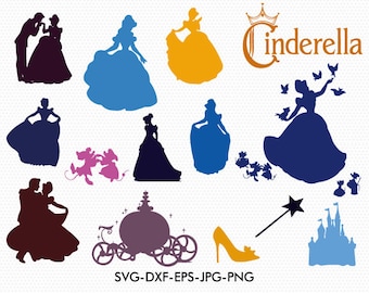 Cinderella silhouettes svg, Disney princess Cinderella silhouette clipart EPS png jpg files. Disney svg dxf for Silhouette Cameo or Cricut
