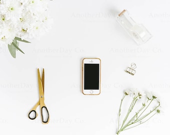 Download Free White iPhone Styled Stock Photo - iPhone Mockup, Desk Stock, Gold Desk Accessories, Digital Image, Styled Photography PSD Template