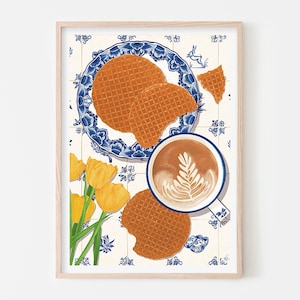Amsterdam Poster, Delft Tiles, Dutch Food Poster, Netherlands Kitchen Wall Decor, Stroopwafel Art, Coffee Tulip Art Print, Holland Art Print