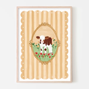 Baby Kuh Wand Kunst, Cottage Kernkalb Kunstdruck, niedliches Tier Kinderzimmer Wanddeko, Bauernhof Tier Wiese Poster, Jakobsmuschel Bordüre, Boho Art