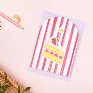 Verjaardagskaart aardbei, wenskaart roze fruittaart, vintage girly verjaardagskaart, kleurrijke bestie-feestkaart