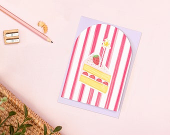 Carte de gâteau d'anniversaire aux fraises, carte de voeux de gâteau aux fruits roses, carte d'anniversaire girly vintage, carte de fête colorée Bestie