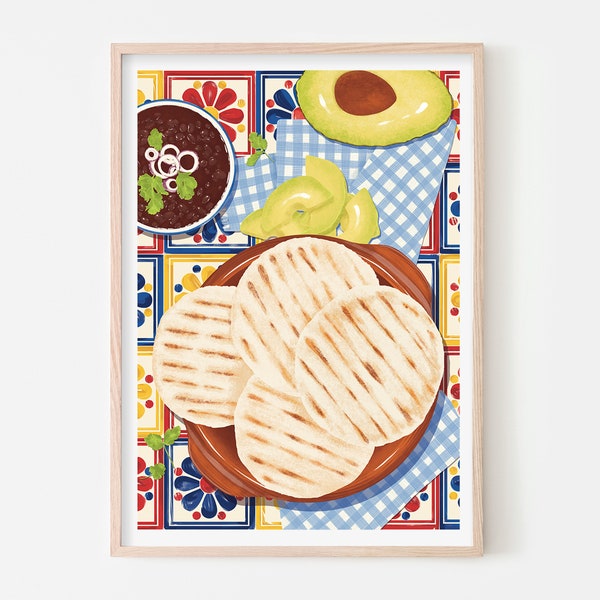 Arepas Avocado and Black Beans Poster, Venezuelan and Colombian Food Art Print, Latin American Cuisine, South American Cooking Gift