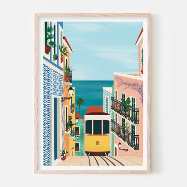 Lisbon Tram Art Print, Portugal Illustration Print Poster, Porto Azulejo Tile Houses Wall Art