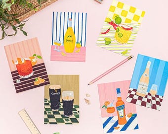 Colourful Drinks and Cocktails Kitchen Postcards, Guinness Postcard, Chicken Wine Post Card, Limoncello Mini Print, Aperol A6 Print, Gifts