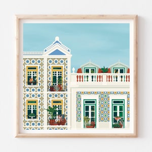 Lisbon Art Print with Azulejos Tile Houses and Plants Balconies, Portugal Colorful Architecture Poster, Square Lisbon Illustration Print