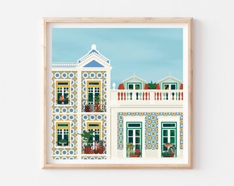 Lisbon Art Print with Azulejos Tile Houses and Plants Balconies, Portugal Colorful Architecture Poster, Square Lisbon Illustration Print