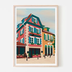 Art print depicting the colourful buildings of Alsace, France, adorned with flowers on a cobble stone street.