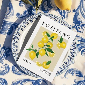 Impression d&#39;art citron Positano vibrant : scène de marché aux fruits en Italie pour décoration murale de cuisine en italien