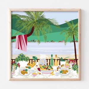 Puerto Rico Beach Breakfast Art Print: Tropical Caribbean Picnic Illustration for Kitchen Wall Decor