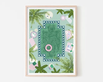 Marrakesh Riad Tiled Pool in Morocco Art Print, Green Swimming Pool Poster, Morocco Illustration Print, Small and Large Size Wall Art