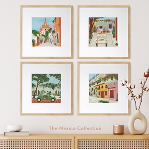 A set of four Mexican illustration prints featuring an elotes food cart, Puerto Vallarta, Mexico City green VW Beetle taxi, and San Miguel de Allende