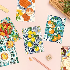Cartes postales colorées de cuisine avec aliments et fruits, carte postale citrons, carte postale orange, mini impression pateis de nata, impression piment A6, cadeaux Arepas